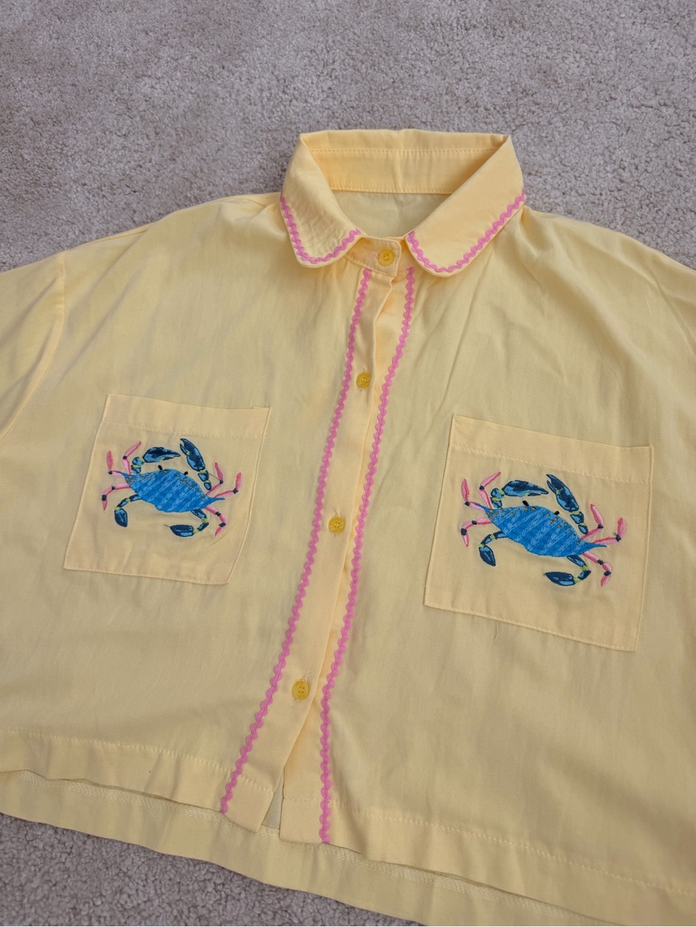 Light Yellow Button-Up Shirt with Blue Crab Embroidery